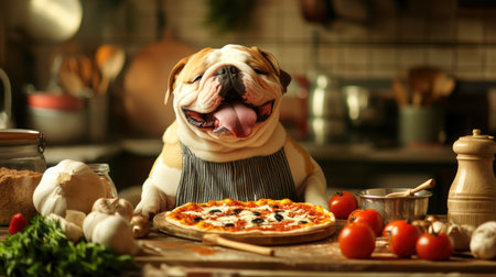 A cheerful bulldog dons an apron while sitting at a kitchen counter with a freshly made pizza. Surrounded by various ingredients, this image captures the joy of cooking in a warm, inviting setting.の素材
