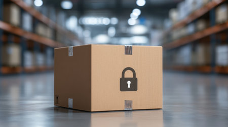 A secure cardboard package featuring a lock symbol, placed in a warehouse environment. This image emphasizes safety, making it ideal for logistics and ecommerce themes.の素材