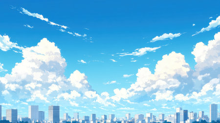 A serene scene showcasing a bright blue sky filled with fluffy white clouds above an urban skyline. Ideal for backgrounds, illustrations, or any creative project requiring a fresh, peaceful atmosphere.の素材