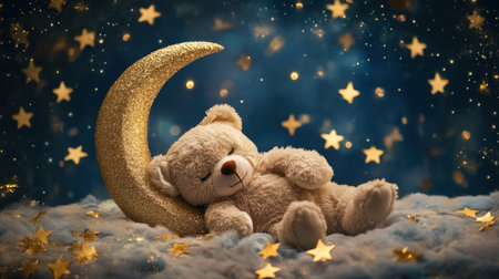 A serene scene featuring a cozy teddy bear nestled beside a sparkling golden moon, set against a backdrop of twinkling stars, evoking warmth and tranquility.の素材