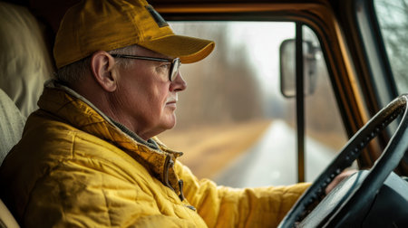 A mature truck driver is seen in profile, wearing a yellow hat and jacket. He focuses on the quiet country road ahead, embodying dedication and experience.の素材