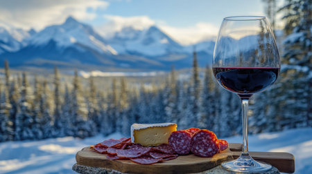Enjoy a picturesque winter scene featuring a glass of red wine, accompanied by cheese and charcuterie on a wooden board, set against majestic snow-capped mountains.の素材