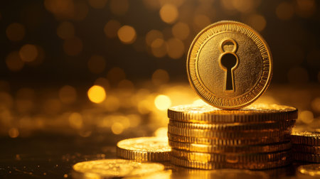 This image portrays a stack of gleaming golden coins with a keyhole, illustrating themes of security, wealth, and financial growth in a captivating design.の素材