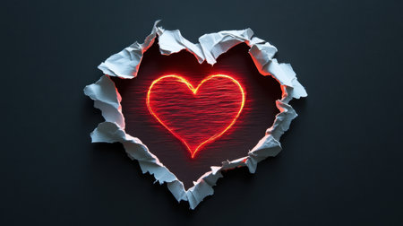 A vivid heart shape glows bright red, beautifully framed by torn paper on a dark background. Perfect for themes of love, emotion, and romance.の素材
