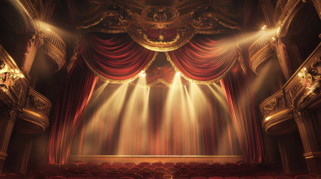 A stunning theatre stage featuring rich red curtains and dramatic lighting effects, creating an elegant ambiance perfect for theatrical performances and events.の素材