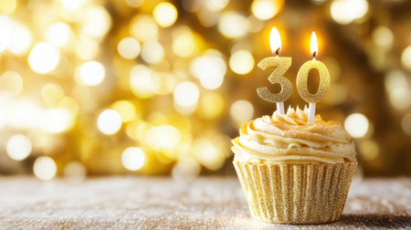 A delightful golden cupcake topped with creamy frosting and two glowing candles showing the number 30, perfect for celebrating a milestone birthday in a festive atmosphere.の素材