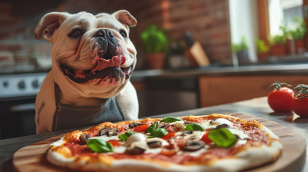 A joyful bulldog sits eagerly next to a freshly made pizza in a cozy kitchen, showcasing the bond between pets and food. Perfect for food and pet lovers!の素材