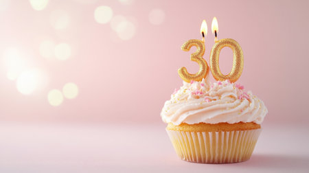 A delightful cupcake featuring a golden "30" candle, perfect for celebrating a special milestone. The soft frosting and warm colors create a cheerful ambiance.の素材