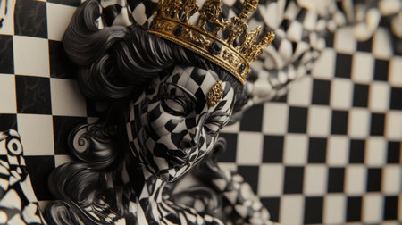 A stunning black and white sculpture of a queen adorned with a golden crown, set against a striking checkerboard pattern that creates captivating depth.の素材