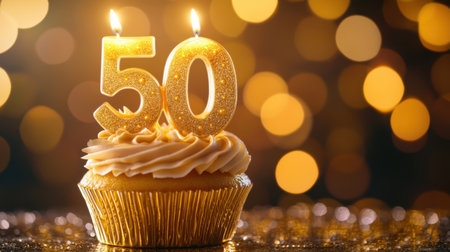 A golden 50 birthday candle atop a delightful vanilla cupcake, perfect for a milestone celebration. The shimmering background enhances the festive mood.の素材