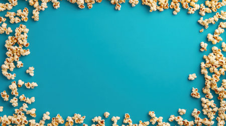 A vibrant arrangement of popcorn creating a beautiful frame on a bright blue background. Perfect for showcasing snacks, food, and entertainment themes.の素材