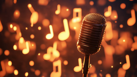 Captivating vintage microphone with music notes floating in a warm glow. Ideal for themes of music, performance, and artistic expression in captivating settings.の素材
