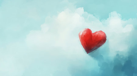 A vibrant red heart floats gracefully among soft, white clouds against a serene blue sky. This digital artwork symbolizes love and tranquility, perfect for expressing emotions.の素材