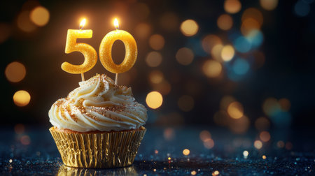 A beautifully decorated cupcake topped with creamy frosting and a shiny golden "50" candle. The background features a soft bokeh effect, enhancing the celebratory atmosphere.の素材