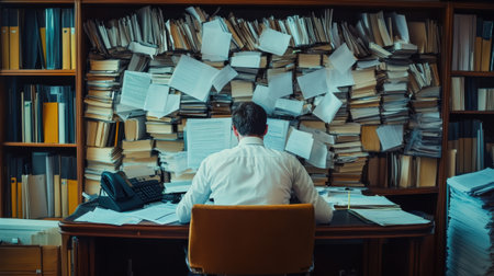 A focused businessman sits at a cluttered desk filled with paperwork, illustrating the challenges of office work and the demand for organization amidst chaos.の素材