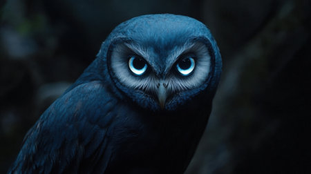 A stunning blue owl sits quietly in a dark natural setting, displaying its piercing eyes and intricate feather details, exuding a sense of mystery and elegance.の素材