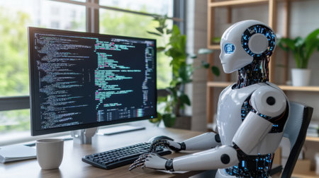 A futuristic robot is focused on a computer monitor displaying lines of code, symbolizing the intersection of technology and human-like innovation in a modern workspace.の素材