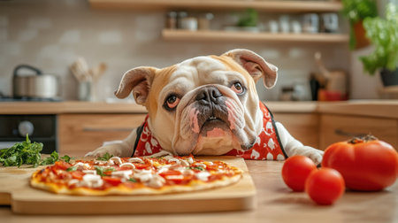 A charming bulldog wearing an apron sits at a kitchen table, gazing at a fresh pizza. Surrounded by tomatoes and herbs, this heartwarming scene captures the joy of cooking with pets.の素材