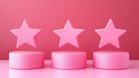 A vibrant and playful display of three pink star shapes on round pedestals against a soft pink background, embodying minimalistic design and aesthetic charm.の素材