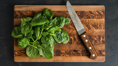Fresh spinach leaves lay on a beautifully crafted wooden cutting board beside a sharp knife. Ideal for culinary preparation or healthy meal ideas.の素材
