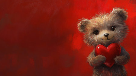 Adorable cartoon bear holding a bright red heart, set against a vibrant red background. Perfect for expressing love, affection, and joy in creative projects.の素材