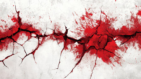 An artistic representation of a cracked wall featuring bold red splashes against a white background, creating a striking visual impact for creative projects.の素材