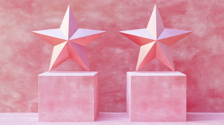 This image features two pink geometric stars on pedestals, set against a softly textured background. The elegant design adds a playful yet modern touch, perfect for artistic displays and celebrations.の素材