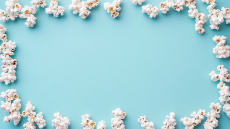 Delightful arrangement of popcorn scattered around a blue background, surrounded by beautiful flowers, creating a vibrant and cheerful atmosphere ideal for events or celebrations.の素材