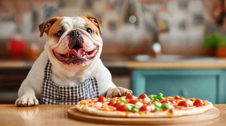 A joyful bulldog with an apron smiles at a delicious pizza on a kitchen table. This scene captures the playful spirit of pets in a fun culinary setting.の素材