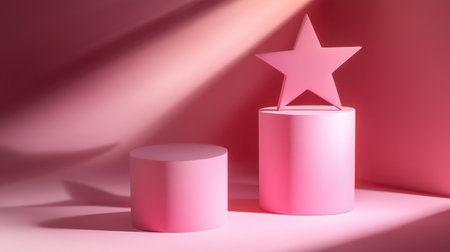 A visually pleasing arrangement of pink geometric shapes features a star atop a pedestal, creating an elegant and modern aesthetic, perfect for showcasing creativity.の素材