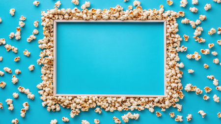 A creative arrangement of popcorn framing an empty blue space, ideal for advertisements or social media graphics, capturing a fun and lighthearted atmosphere.の素材