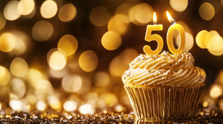 A golden cupcake featuring a bright 50 candle, set against a sparkling background, perfect for celebrating a milestone birthday or anniversary event.の素材