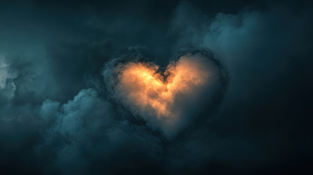 A mesmerizing heart-shaped cloud formation glows softly at its center, surrounded by darker clouds, creating a captivating atmosphere of love and serenity.の素材