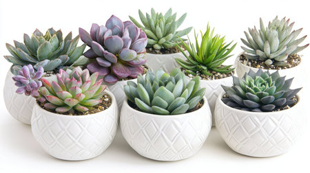 A beautiful arrangement of assorted succulent plants presented in stylish white pots, perfect for enhancing home aesthetics and providing a touch of nature.の素材