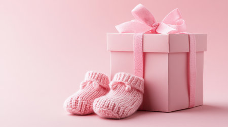 A charming pink gift box with a lovely bow and adorable knitted booties, perfect for celebrating a baby shower or welcoming a newborn into the family.の素材