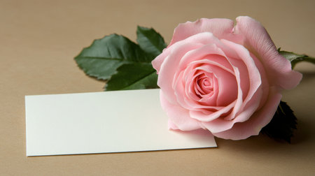 A stunning pink rose rests beside a blank card on a neutral background, creating a perfect scene for expressing love or heartfelt messages. Ideal for romantic themes.の素材