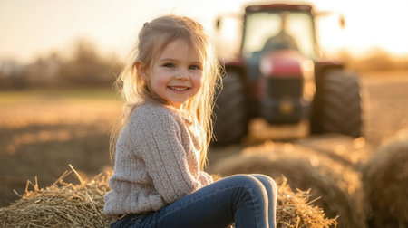 A joyful girl sits on hay bales, smiling brightly as a tractor looms in the background. This enchanting rural scene captures the essence of childhood joy and farm life.の素材