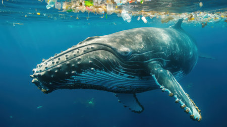 A stunning humpback whale gracefully swims through the ocean, surrounded by unsettling plastic pollution. This powerful image highlights the urgent need for marine conservation.の素材