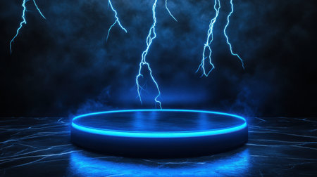 A captivating scene showcasing a dark stage illuminated with blue lighting. Lightning effects add dynamic energy, creating a powerful atmosphere ideal for creative presentations.の素材