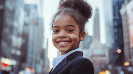 A cheerful girl wears a smart business suit, standing confidently in a bustling city setting. Her bright smile reflects joy and ambition, capturing a moment full of potential and youthful energy.の素材