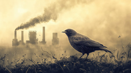 A dark bird stands in the foreground amid a hazy, polluted industrial landscape. Smoke billows from factories, highlighting environmental concerns and urban impact.の素材