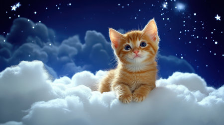 A delightful orange kitten rests on soft, fluffy clouds against a mesmerizing starry night sky, capturing a whimsical and serene moment of innocence and joy.の素材