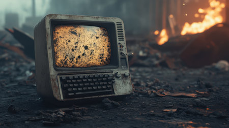 A vintage computer sits abandoned among ashes and debris, encapsulating a scene of decay and desolation. This evocative image captures nostalgia and loss in a haunting environment.の素材