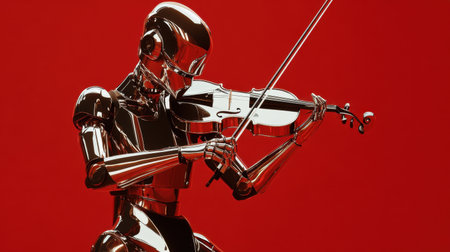 A dazzling metallic robot skillfully plays the violin against a vivid red backdrop, showcasing the fusion of technology and art in a dynamic performance scene.の素材