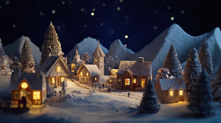 A charming winter village scene features illuminated houses set in snow, surrounded by tall trees and mountains under a glittering starry sky, evoking holiday spirit.の素材