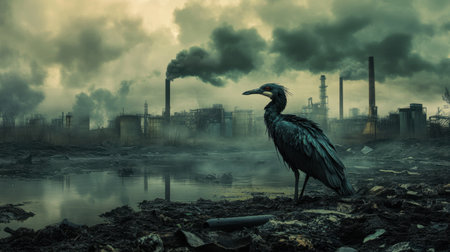 A solitary bird stands in a polluted industrial landscape, surrounded by smoke and toxic conditions. The scene highlights environmental decay and the impact of industry on wildlife.の素材