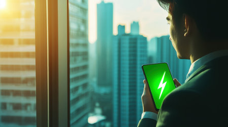 A businessman stands by an office window, holding a smartphone with a green battery icon, symbolizing energy and technology in an urban setting.の素材