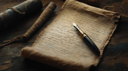 An elegant arrangement of vintage writing tools on an aged manuscript. Captured with warm, natural lighting, this scene evokes a sense of history and creativity.の素材