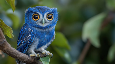 A captivating blue owl with large, bright eyes sits gracefully on a tree branch. This enchanting bird highlights the beauty of wildlife in its natural habitat, surrounded by lush greenery.の素材