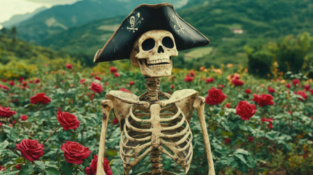 A whimsical pirate skeleton stands in a vibrant rose garden, blending adventure with playful eeriness. The scenic background enhances its surreal charm.の素材